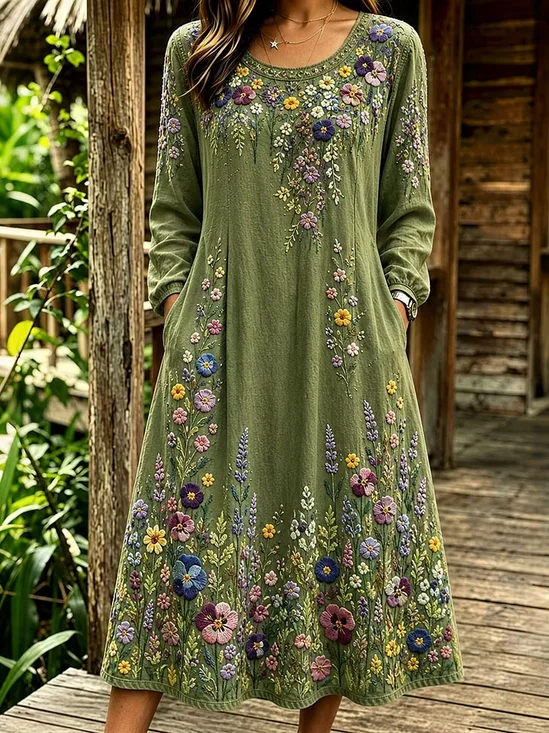 Women Floral Long Sleeve Crew Neck Dress Daily Vintage Maxi Linen H-Line Spring/Fall Dress