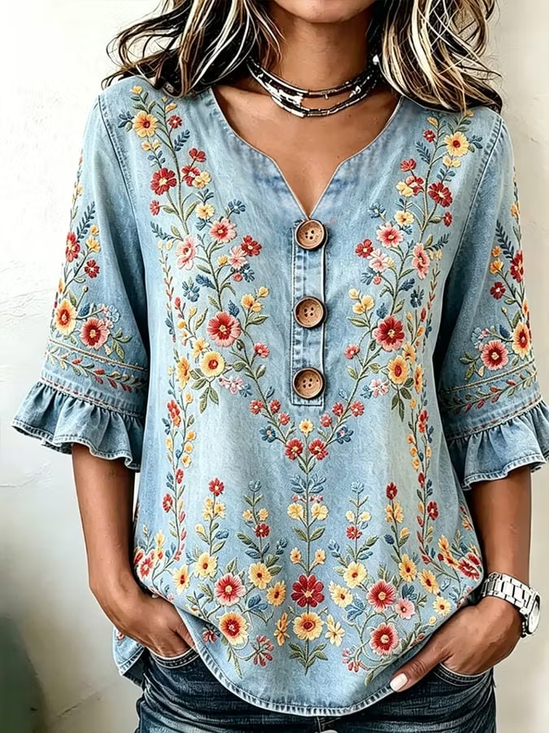 Women Floral V Neck Half Sleeve Blouse Printing Vintage Daily Summer Top