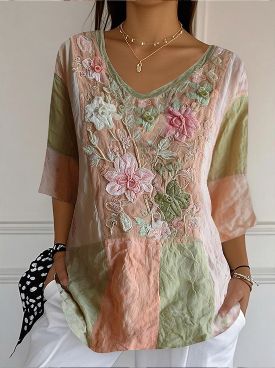 Women Floral Three Quarter Sleeve Tee T-shirt V Neck Printing Casual Graphic Tee Spring/Fall Top