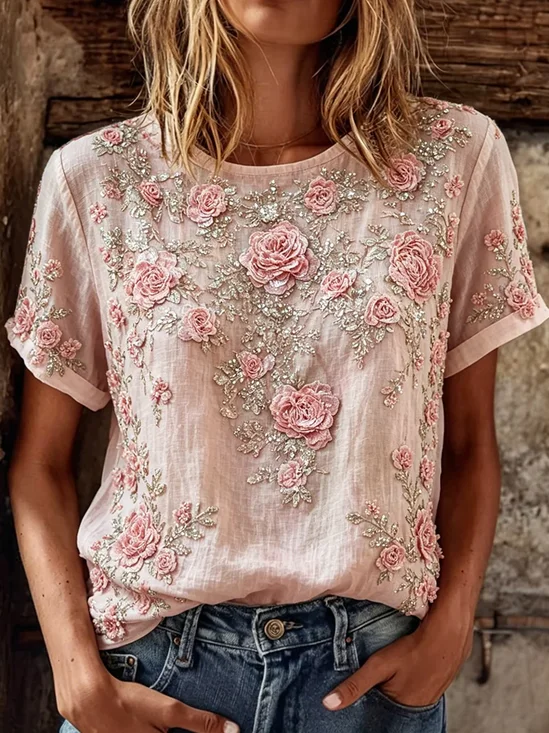 Women Floral Short Sleeve Tee T-shirt Crew Neck Printing Casual Graphic Tee Summer Top