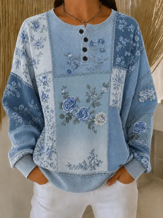 Women Floral Henley Collar Casual Spring/Fall Long Sleeve Sweatshirt