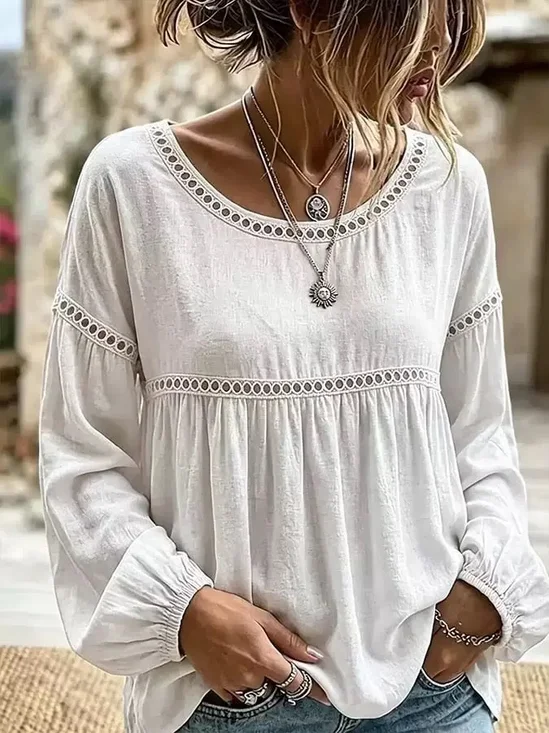 Women Plain Crew Neck Long Sleeve Blouse Casual Daily Spring/Fall Top