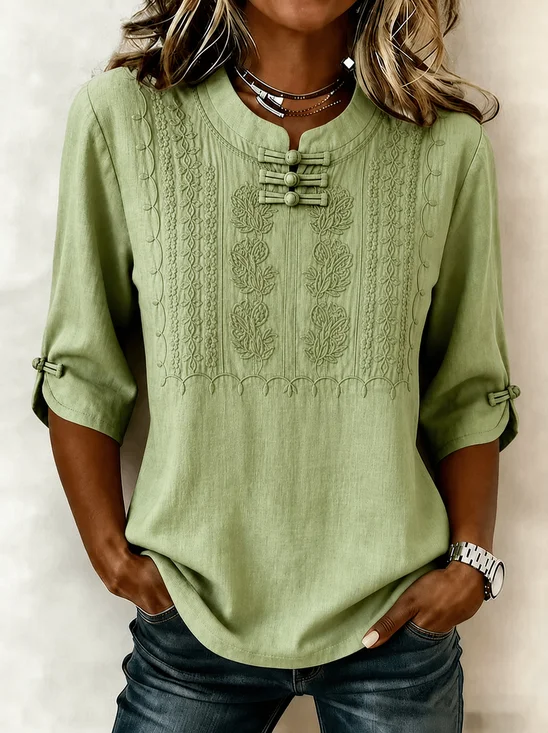 Women Geometric Crew Neck Half Sleeve Blouse Vintage Daily Summer Top