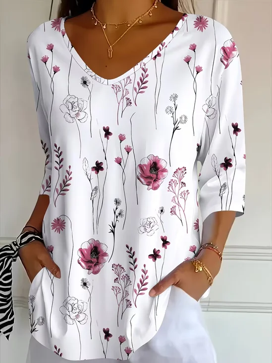 Women Floral Three Quarter Sleeve Tee T-shirt V Neck Printing Casual Graphic Tee Spring/Fall Top