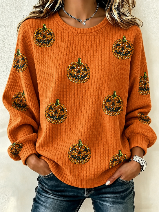 Women Halloween Crew Neck Printing Casual Spring/Fall Long Sleeve Sweatshirt