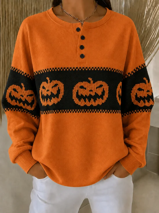 Women Halloween Henley Collar Casual Spring/Fall Long Sleeve Sweatshirt
