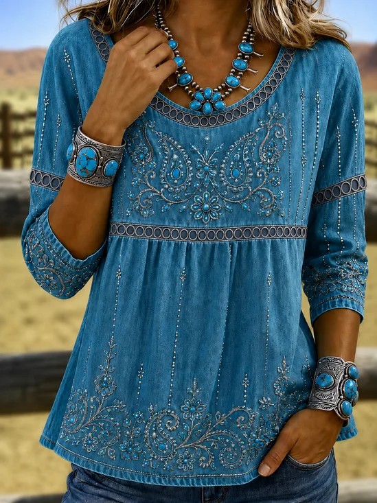 Women Floral Crew Neck Half Sleeve Blouse Vintage Daily Summer Top