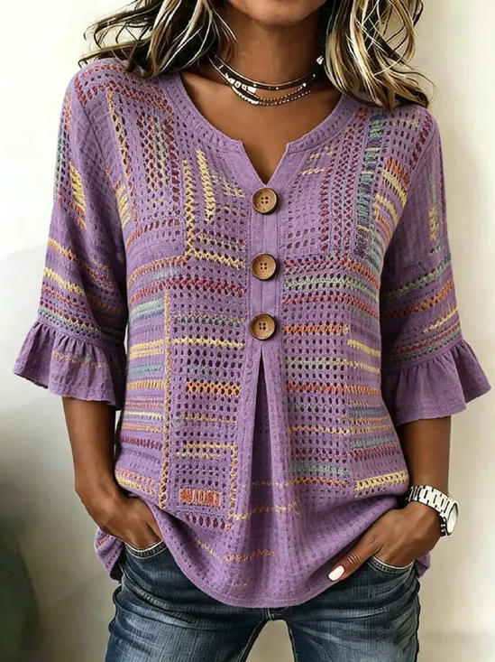 Women Striped V Neck Half Sleeve Blouse Casual Daily Summer Top
