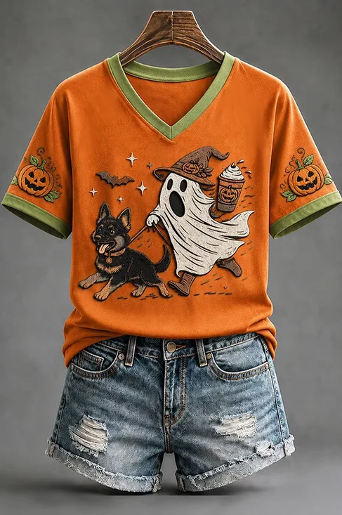 Women Color Block Short Sleeve Tee T-shirt V Neck Vintage Summer Top