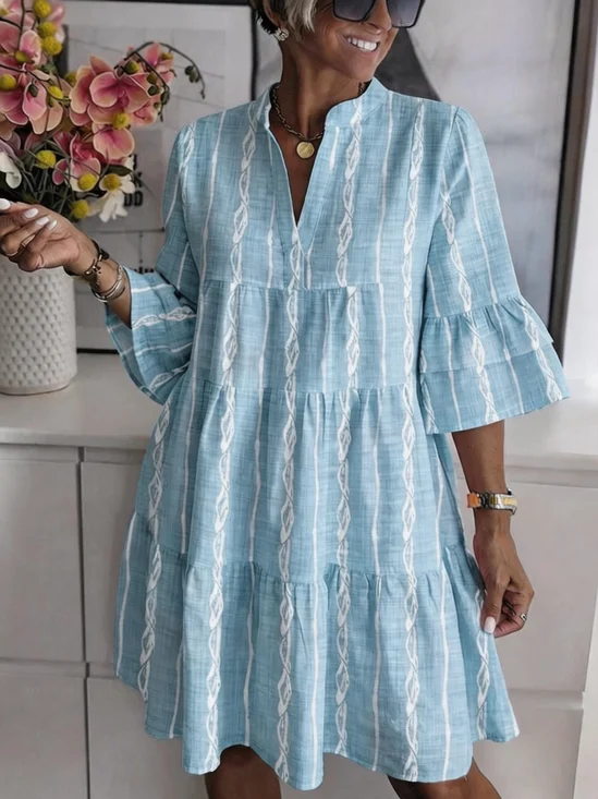 Women Striped Half Sleeve Notched Dress Daily Casual Mini Shirt Dress A-Line Summer Dress