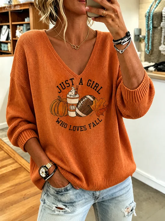 Women Maple Leaf Casual Long Sleeve V Neck Spring/Fall Sweater