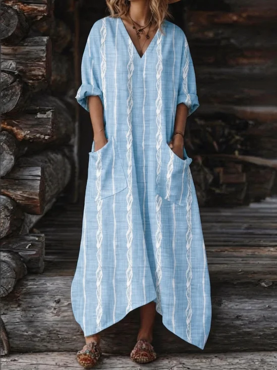 Women Striped Long Sleeve V Neck Dress Daily Casual Maxi Shift Dress H-Line Summer Dress
