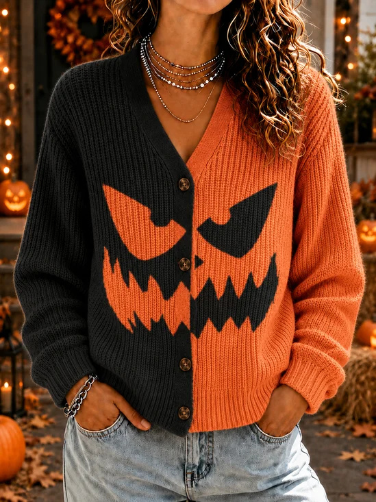 Women Geometric Long Sleeve V Neck Casual Spring/Fall Cardigan Outerwear