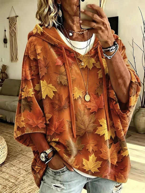 Women Maple Leaf Half Sleeve Casual Daily Spring/Fall Hoodie