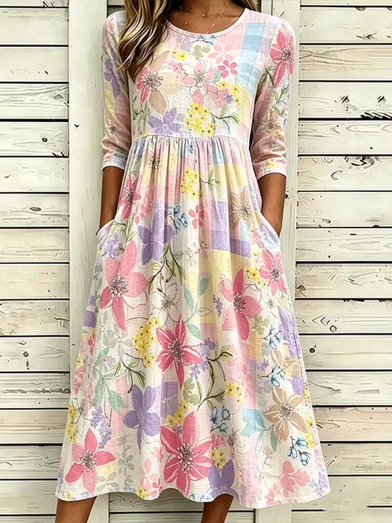 Women Abstract Plaid Half Sleeve Crew Neck Dress Daily Casual Maxi T-Shirt Dress A-Line Summer Dress