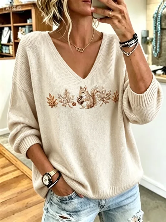 Women Animal Casual Long Sleeve V Neck Spring/Fall Sweater