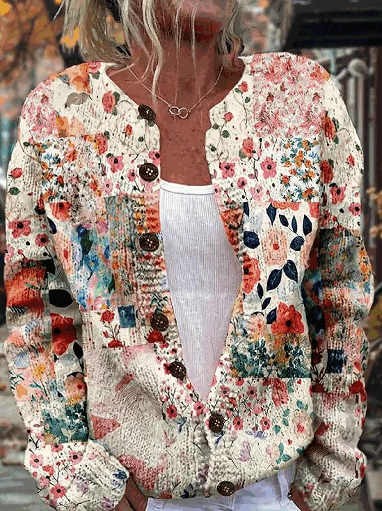 Women Floral Long Sleeve Crew Neck Vintage Spring/Fall Cardigan Outerwear