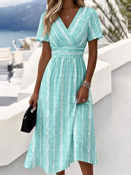 Women Striped Half Sleeve V Neck Dress Daily Casual Midi Fit & Flare Dress H-Line Summer Dress