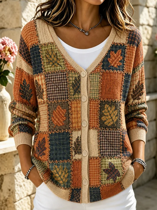 Women Leaf Long Sleeve V Neck Casual Spring/Fall Cardigan Outerwear