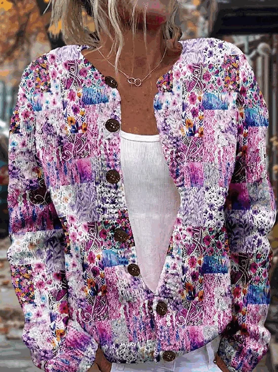 Women Floral Long Sleeve Crew Neck Vintage Spring/Fall Cardigan Outerwear