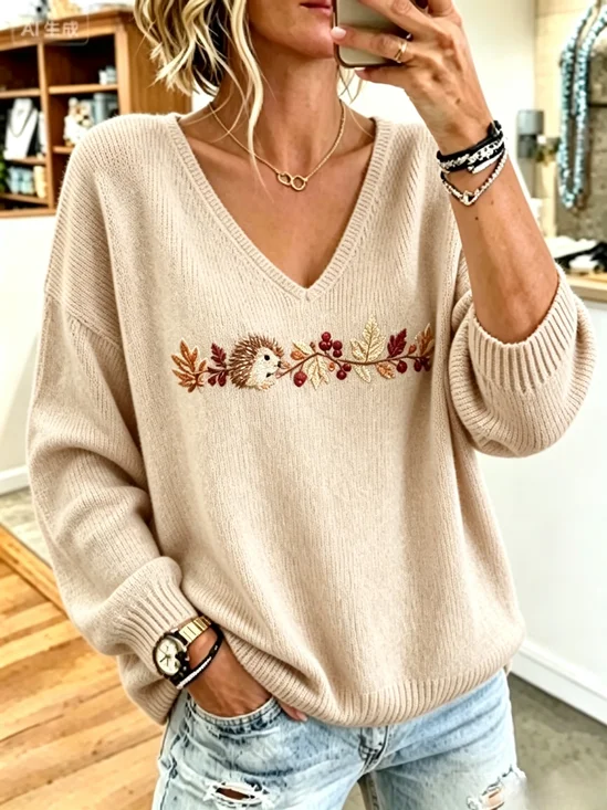 Women Animal Casual Long Sleeve V Neck Spring/Fall Sweater