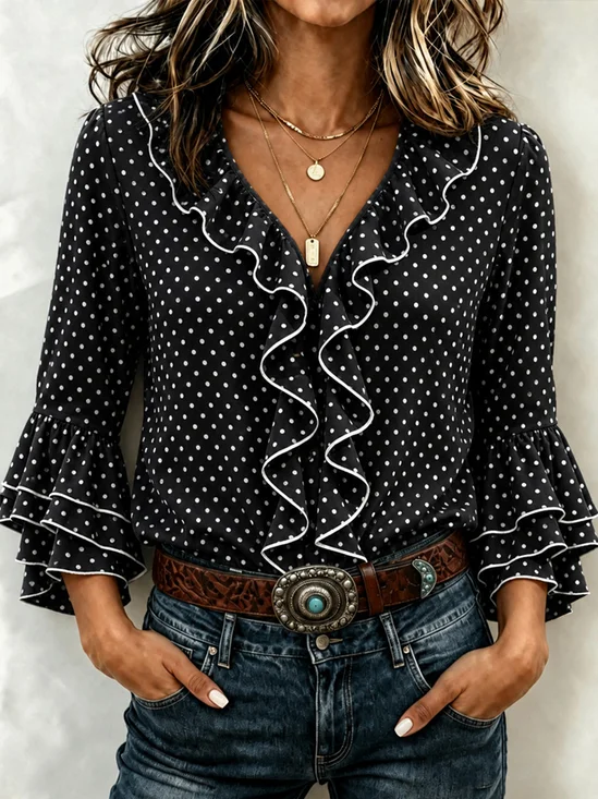Women Polka Dots V Neck Three Quarter Sleeve Shirt Vintage Daily Spring/Fall Top