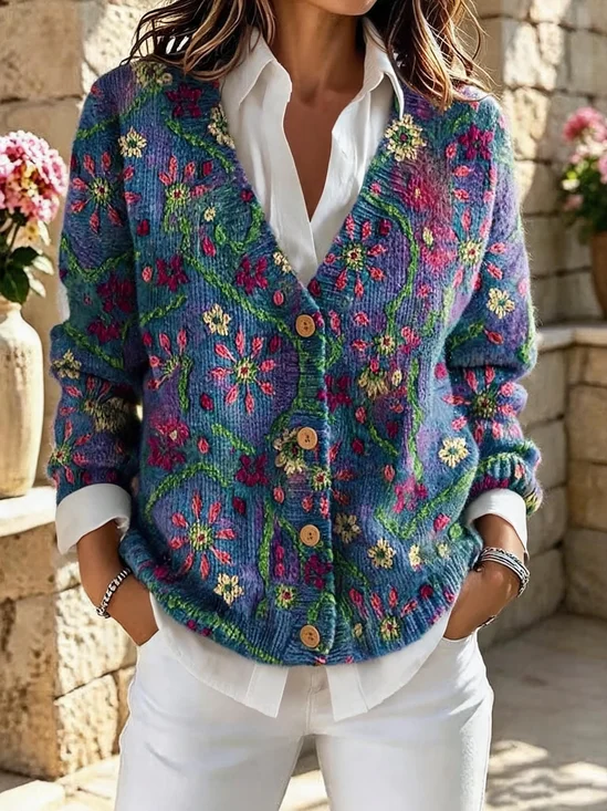 Women Floral Long Sleeve V Neck Vintage Spring/Fall Cardigan Outerwear