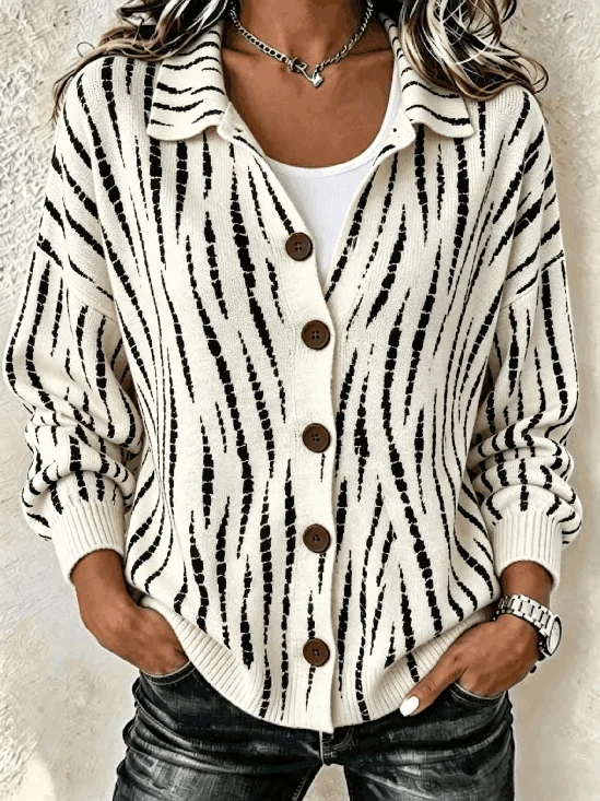 Women Abstract Long Sleeve Shirt Collar Casual Spring/Fall Cardigan Outerwear