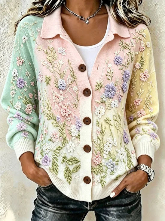 Women 3D Printing Long Sleeve Shirt Collar Vintage Spring/Fall Cardigan Outerwear