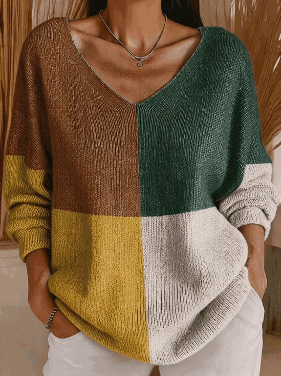 Women Color Block Long Sleeve Tee T-shirt V Neck Vintage Spring/Fall Top