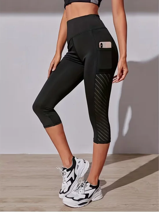 Women's Capri Pants with Abdominal Control and Hip Lifting, High-Waisted Mesh Capri Leggings