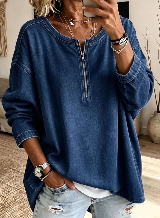Women Plain Half Open Collar Half-Zip Vintage Spring/Fall Long Sleeve Sweatshirt