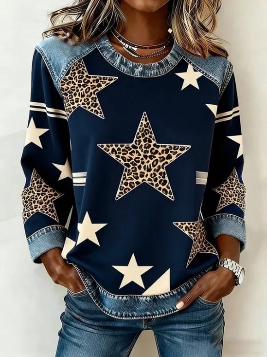 Women Star Crew Neck Printing Casual Spring/Fall Long Sleeve Sweatshirt