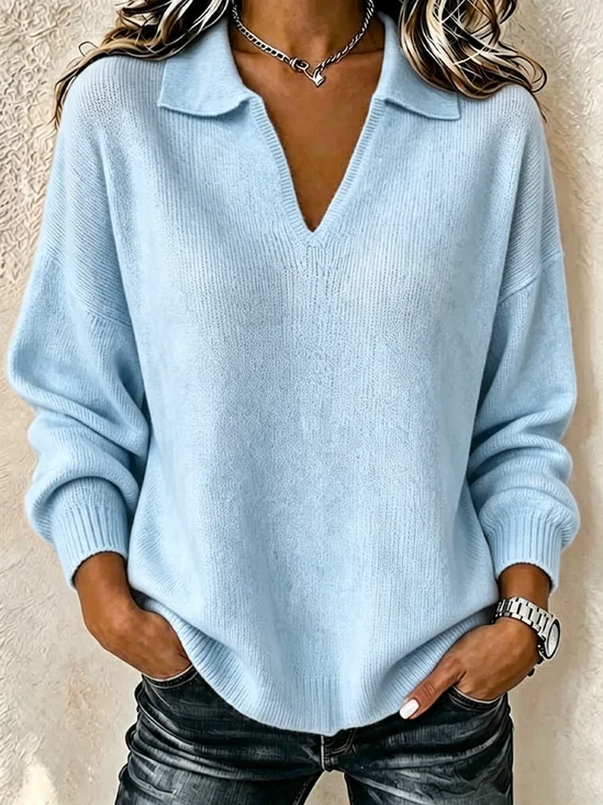 Women Plain Casual Long Sleeve Shawl Collar Spring/Fall Sweater