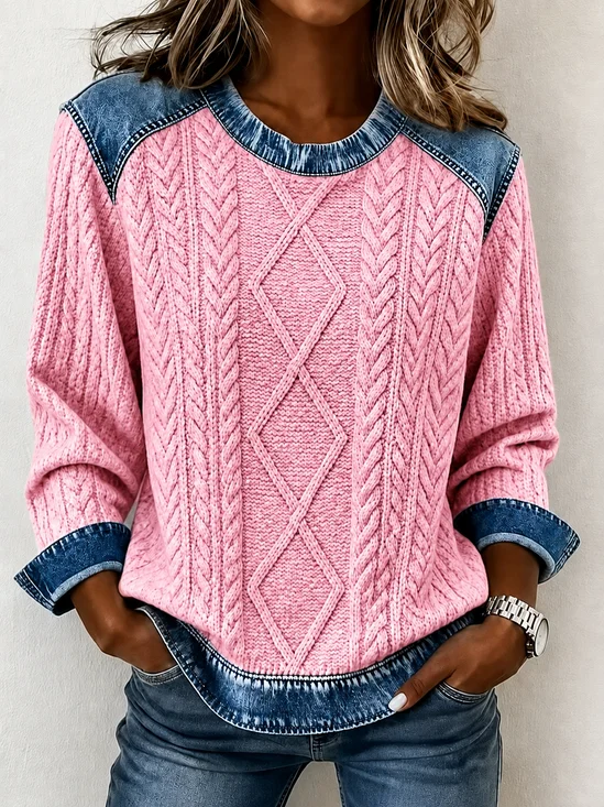 Women Color Block Crew Neck Printing Casual Spring/Fall Long Sleeve Sweatshirt