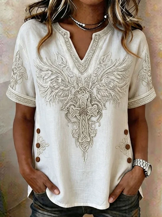 Women Abstract Short Sleeve Tee T-shirt V Neck Printing Casual Summer Top