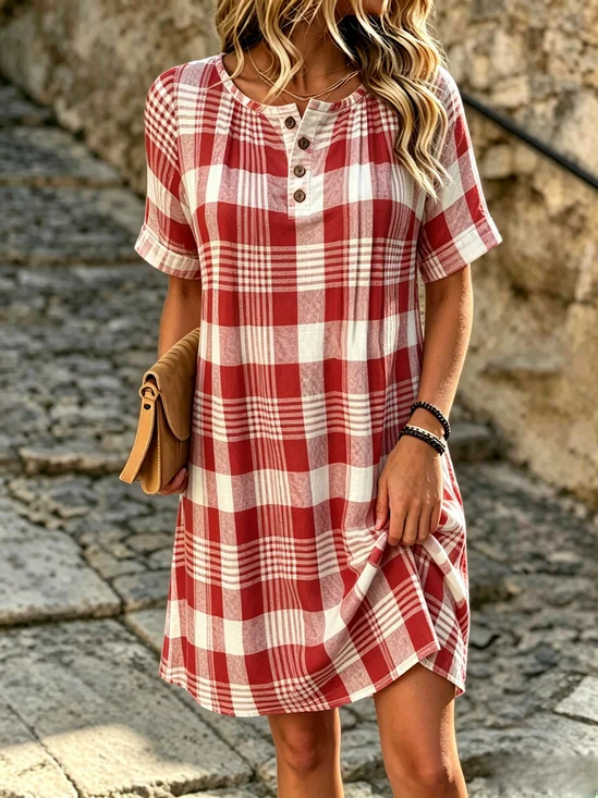 Women Plaid Short Sleeve Henley Collar Pocket Stitching Dress Daily Vintage Midi Shift Dress H-Line Summer Dress