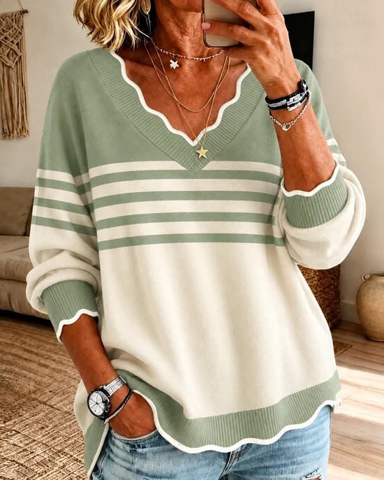 V Neck Simple Color Block Knit Top
