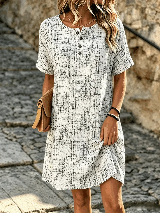 Women Abstract Short Sleeve Henley Collar Pocket Stitching Dress Daily Casual Midi Shift Dress H-Line Summer Dress