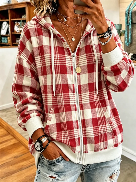 Women Plaid Long Sleeve Hoodie Casual Spring/Fall Jacket Outerwear