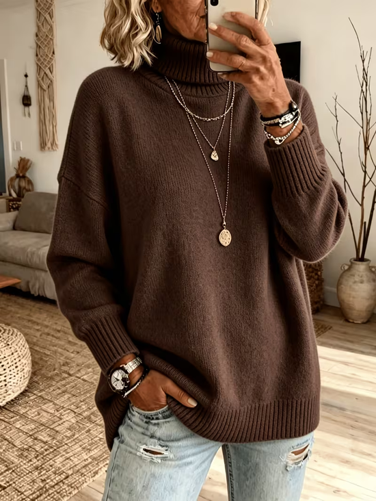 Women Plain Casual Long Sleeve Turtleneck Spring/Fall Sweater