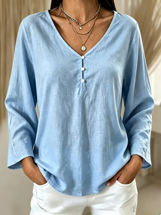 Women Plain Long Sleeve Tee T-shirt V Neck Casual Spring/Fall Top
