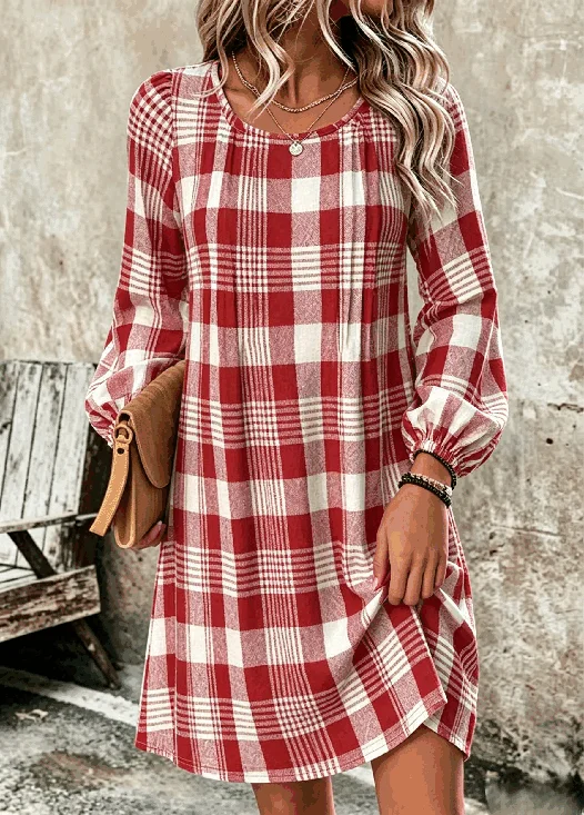 Women Plaid Long Sleeve Crew Neck Dress Daily Vintage Midi T-Shirt Dress A-Line Spring/Fall Dress