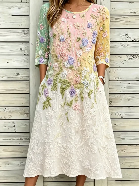 Women Floral Half Sleeve Crew Neck Dress Daily Casual Maxi T-Shirt Dress A-Line Summer Dress