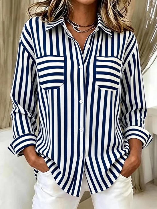 Navy White Striped Lightweight Long Sleeve Women Casual Button Shirt