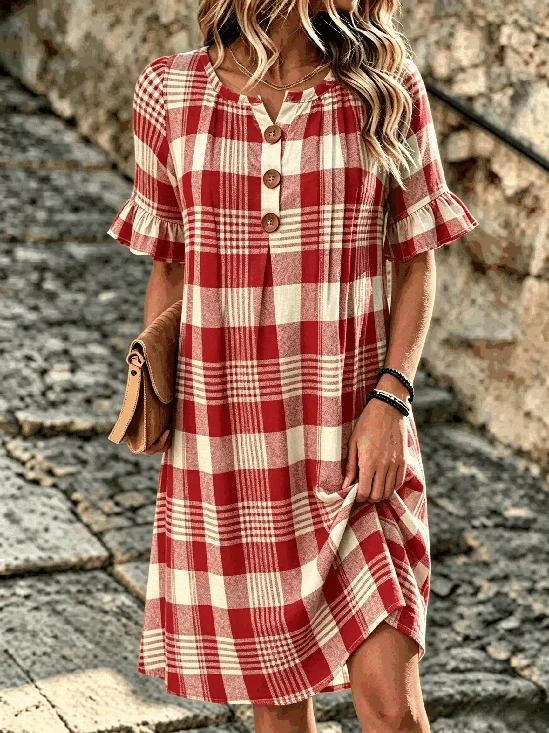 Women Plaid Half Sleeve V Neck Dress Daily Vintage Midi H-Line Summer Dress