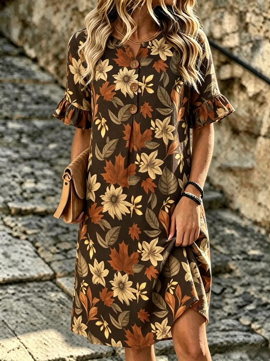 Women Maple Leaf Half Sleeve V Neck Dress Holiday Vintage Midi H-Line Summer Dress