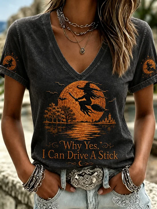 Women Text Letters Short Sleeve Tee T-shirt V Neck Vintage Summer Top