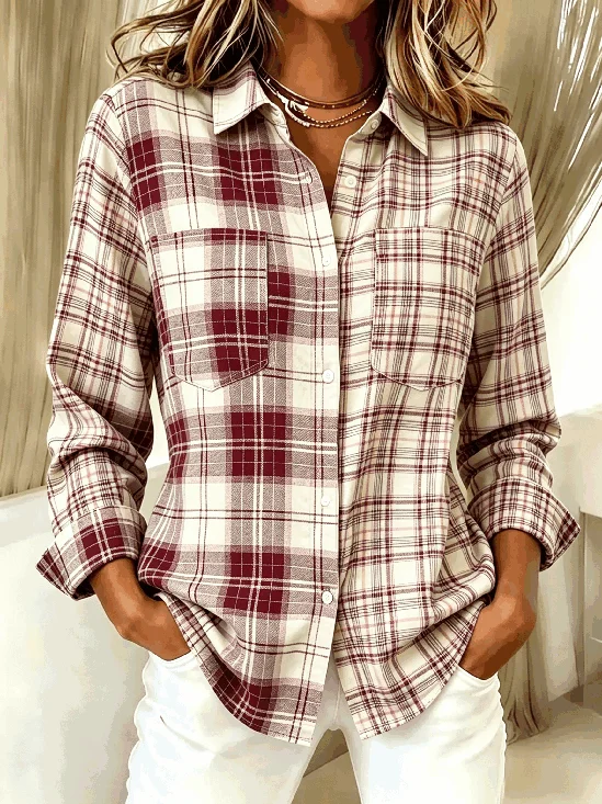 Women Plaid Shirt Collar Long Sleeve Shirt Pocket Stitching Vintage Daily Spring/Fall Top