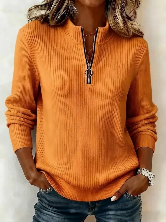Women Plain Mock Neck Zipper Casual Spring/Fall Long Sleeve Sweatshirt